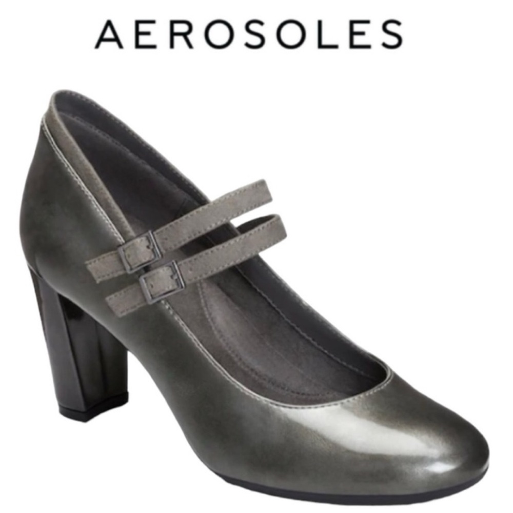 AEROSOLES BROADWAY PATENT CHARCOAL GRAY MARY JANE HEELED PUMPS **NWT**